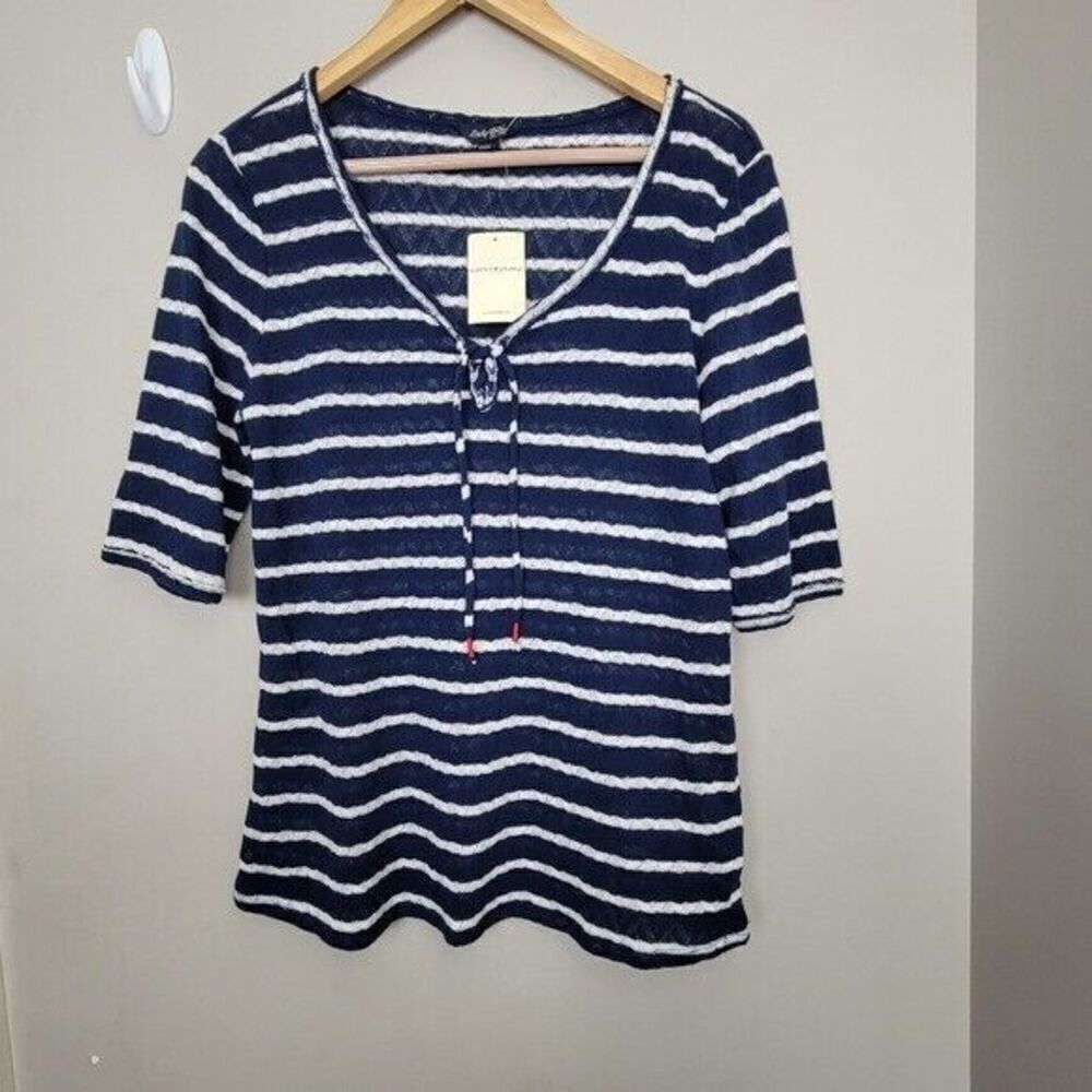 Lucky Brand Navy Blue & White Striped Lightweight Elbow Sleeve Sweater Shirt L